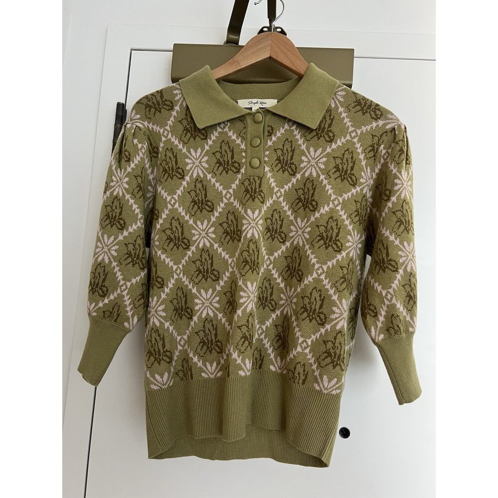Simple Retro Green Argyle Floral Knit Polo Sweater Wool Blend Size Large L